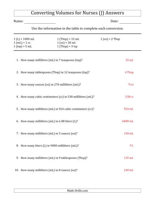 The Converting Volumes for Nurses (J) Math Worksheet Page 2