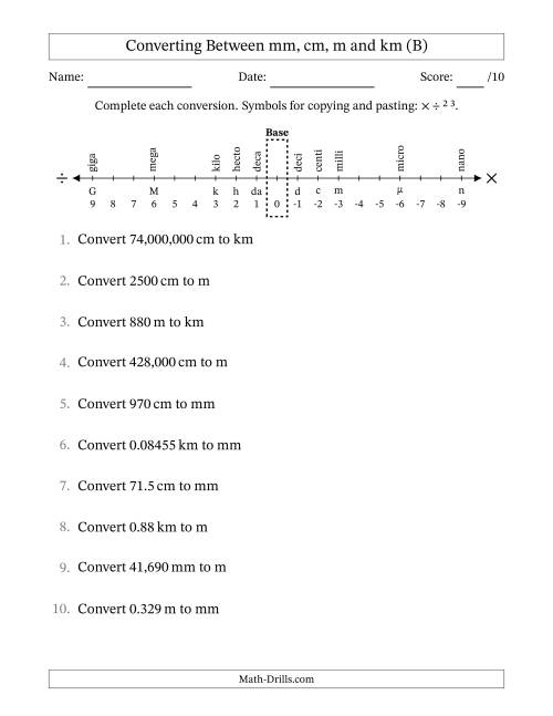 The Converting Between Millimeters, Centimeters, Meters and Kilometers (B) Math Worksheet