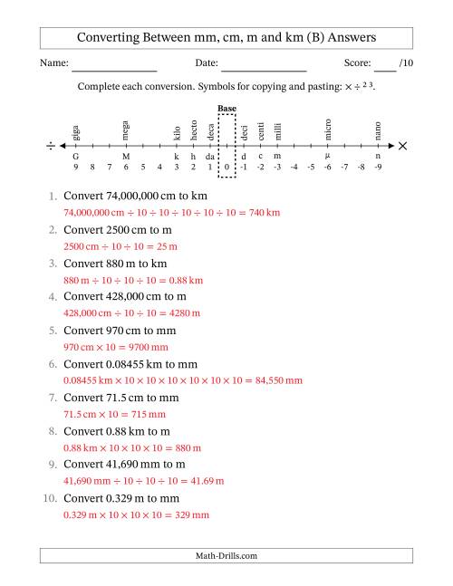 The Converting Between Millimeters, Centimeters, Meters and Kilometers (B) Math Worksheet Page 2