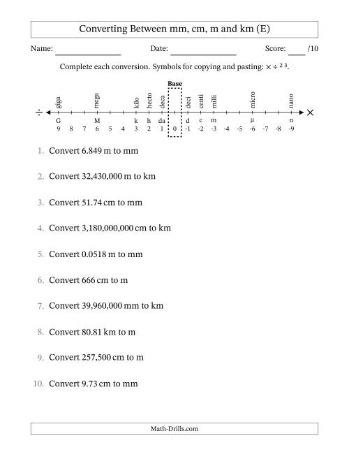 The Converting Between Millimeters, Centimeters, Meters and Kilometers (E) Math Worksheet