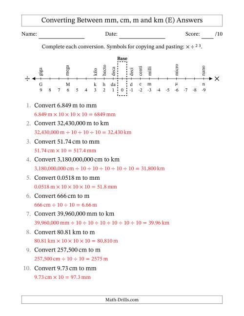 The Converting Between Millimeters, Centimeters, Meters and Kilometers (E) Math Worksheet Page 2
