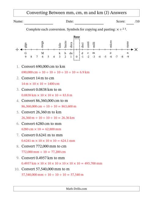The Converting Between Millimeters, Centimeters, Meters and Kilometers (J) Math Worksheet Page 2