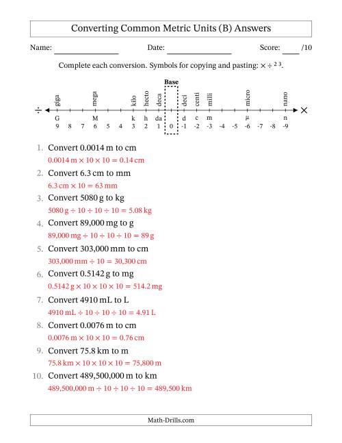The Converting Between Common Metric Length, Mass and Volume Units (B) Math Worksheet Page 2