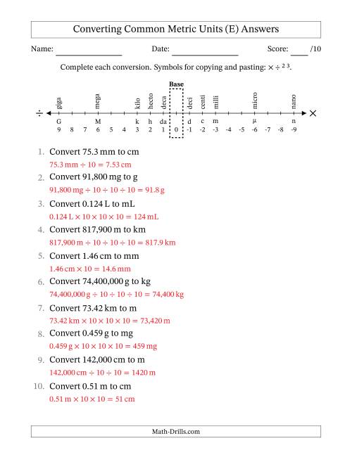 The Converting Between Common Metric Length, Mass and Volume Units (E) Math Worksheet Page 2