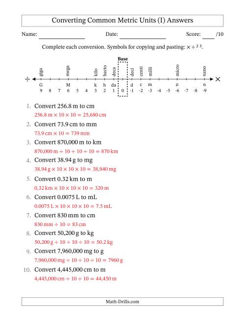 The Converting Between Common Metric Length, Mass and Volume Units (I) Math Worksheet Page 2