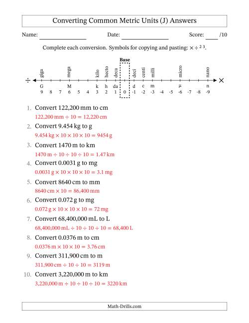 The Converting Between Common Metric Length, Mass and Volume Units (J) Math Worksheet Page 2