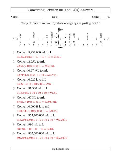 The Converting Between Milliliters and Liters (D) Math Worksheet Page 2