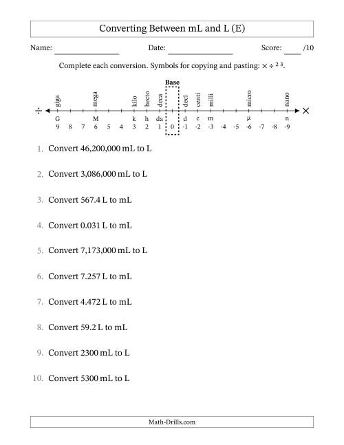 The Converting Between Milliliters and Liters (E) Math Worksheet