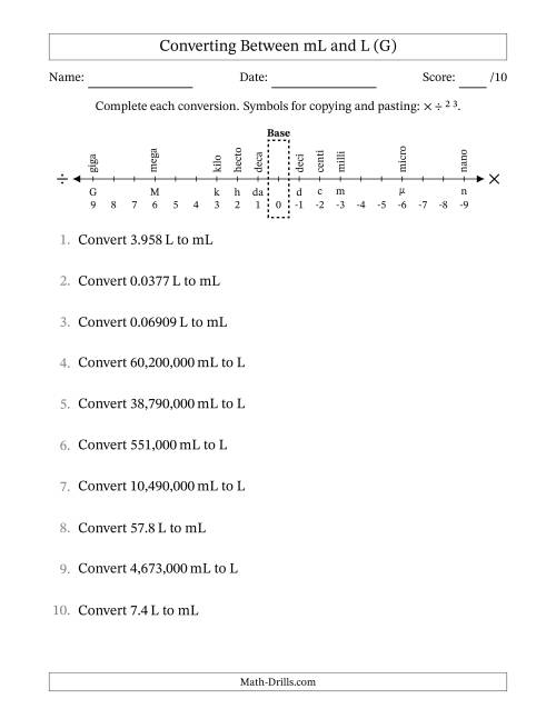 The Converting Between Milliliters and Liters (G) Math Worksheet