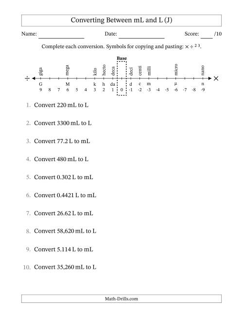 The Converting Between Milliliters and Liters (J) Math Worksheet