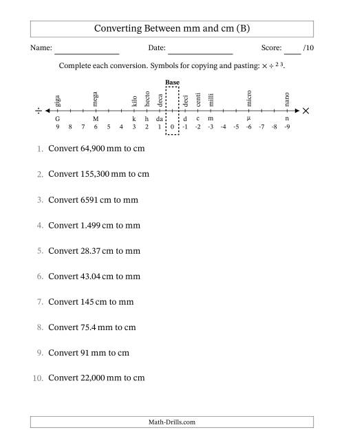 The Converting Between Millimeters and Centimeters (B) Math Worksheet