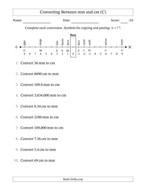 The Converting Between Millimeters and Centimeters (C) Math Worksheet