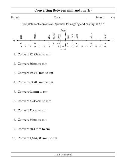 The Converting Between Millimeters and Centimeters (E) Math Worksheet