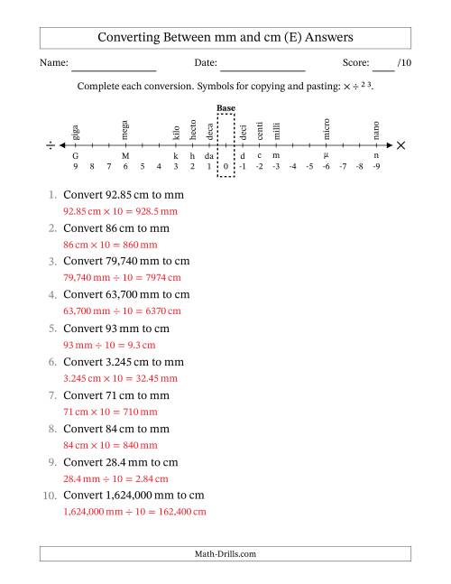 The Converting Between Millimeters and Centimeters (E) Math Worksheet Page 2
