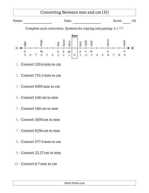 The Converting Between Millimeters and Centimeters (H) Math Worksheet