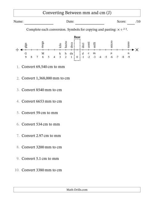 The Converting Between Millimeters and Centimeters (J) Math Worksheet