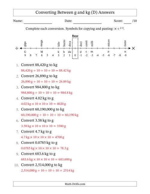 The Converting Between Grams and Kilograms (D) Math Worksheet Page 2