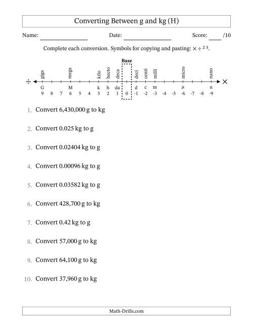 The Converting Between Grams and Kilograms (H) Math Worksheet