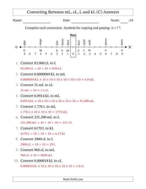 The Converting Between Milliliters, Centiliters, Liters and Kiloliters (C) Math Worksheet Page 2