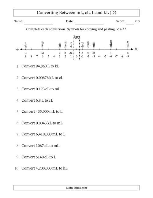 The Converting Between Milliliters, Centiliters, Liters and Kiloliters (D) Math Worksheet