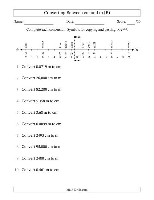 The Converting Between Centimeters and Meters (B) Math Worksheet