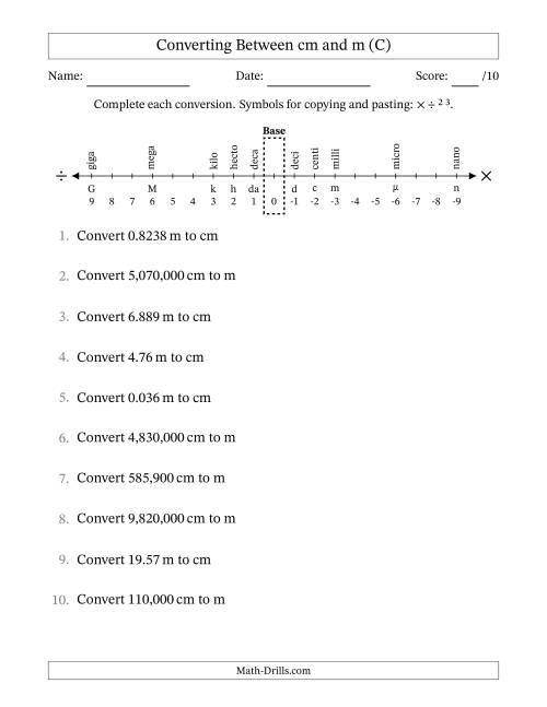 The Converting Between Centimeters and Meters (C) Math Worksheet