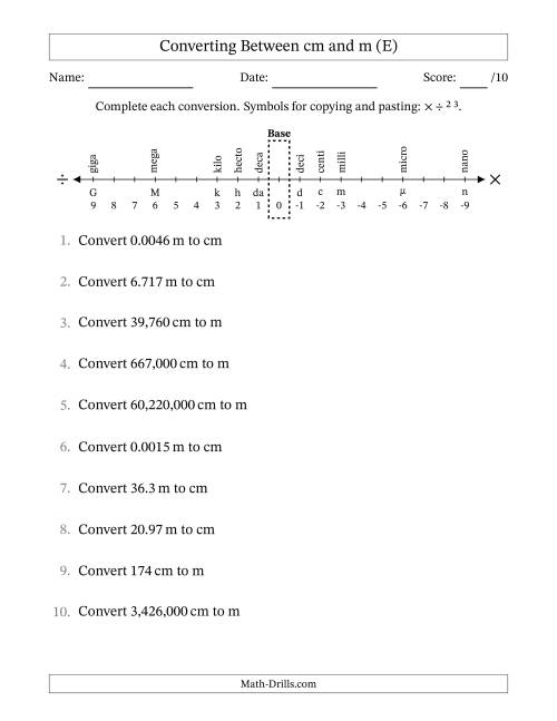 The Converting Between Centimeters and Meters (E) Math Worksheet