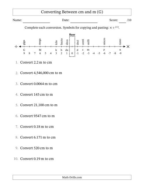 The Converting Between Centimeters and Meters (G) Math Worksheet