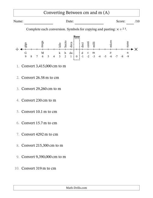 The Converting Between Centimeters and Meters (All) Math Worksheet