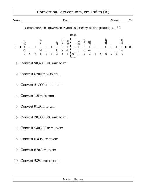 The Converting Between Millimeters, Centimeters and Meters (A) Math Worksheet