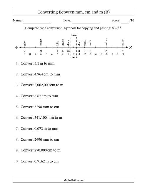 The Converting Between Millimeters, Centimeters and Meters (B) Math Worksheet