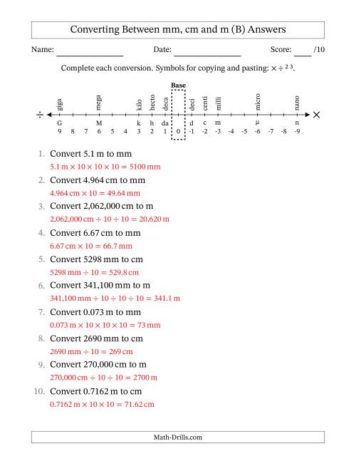 The Converting Between Millimeters, Centimeters and Meters (B) Math Worksheet Page 2