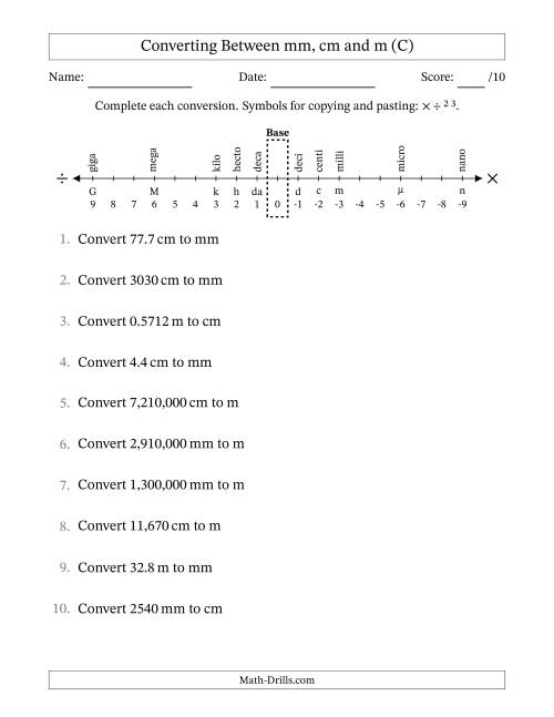 The Converting Between Millimeters, Centimeters and Meters (C) Math Worksheet