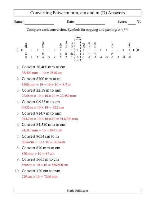 The Converting Between Millimeters, Centimeters and Meters (D) Math Worksheet Page 2
