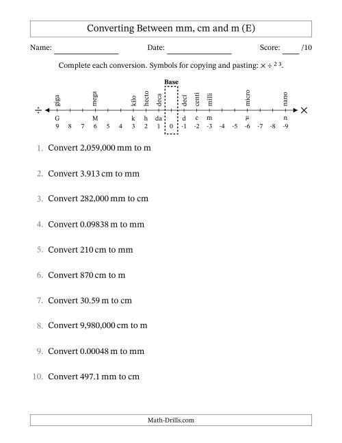 The Converting Between Millimeters, Centimeters and Meters (E) Math Worksheet