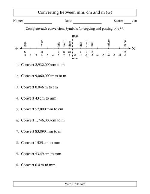 The Converting Between Millimeters, Centimeters and Meters (G) Math Worksheet