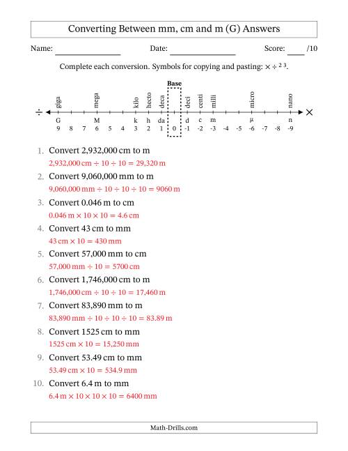 The Converting Between Millimeters, Centimeters and Meters (G) Math Worksheet Page 2