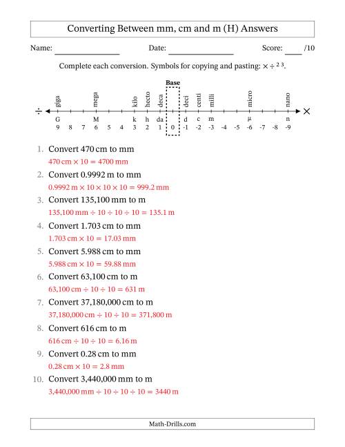 The Converting Between Millimeters, Centimeters and Meters (H) Math Worksheet Page 2