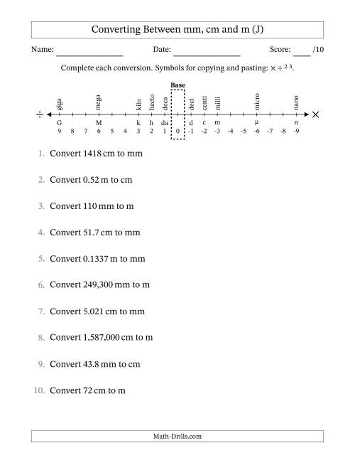 The Converting Between Millimeters, Centimeters and Meters (J) Math Worksheet