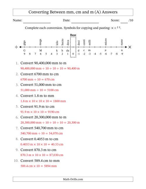 The Converting Between Millimeters, Centimeters and Meters (All) Math Worksheet Page 2