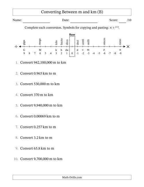 The Converting Between Meters and Kilometers (B) Math Worksheet