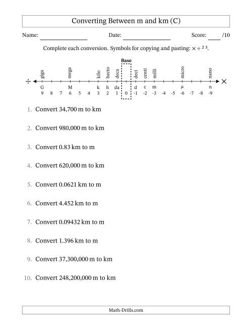 The Converting Between Meters and Kilometers (C) Math Worksheet