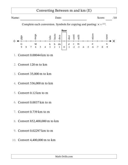 The Converting Between Meters and Kilometers (E) Math Worksheet