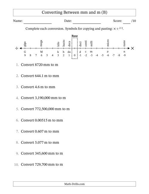 The Converting Between Millimeters and Meters (B) Math Worksheet