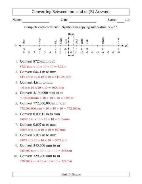 The Converting Between Millimeters and Meters (B) Math Worksheet Page 2