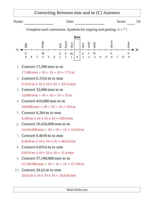 The Converting Between Millimeters and Meters (C) Math Worksheet Page 2