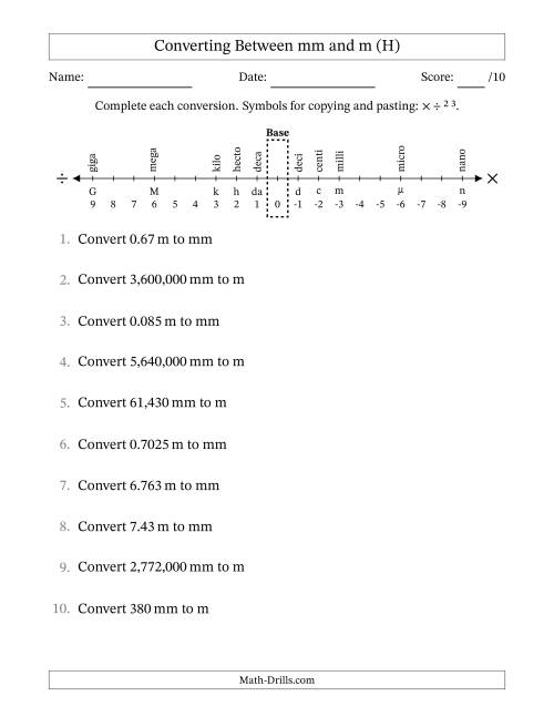 The Converting Between Millimeters and Meters (H) Math Worksheet