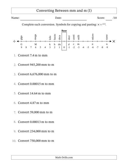 The Converting Between Millimeters and Meters (I) Math Worksheet