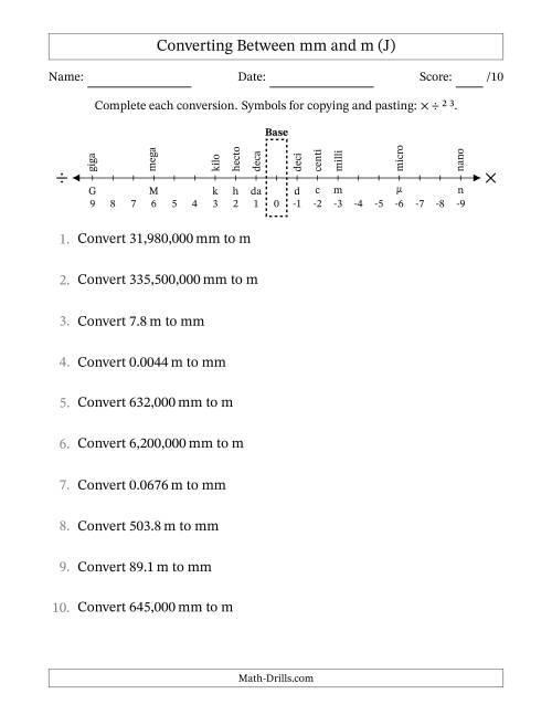The Converting Between Millimeters and Meters (J) Math Worksheet