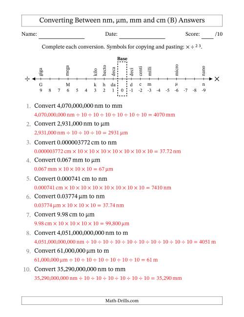 The Converting Between Nanometers, Micrometers, Millimeters and Centimeters (B) Math Worksheet Page 2